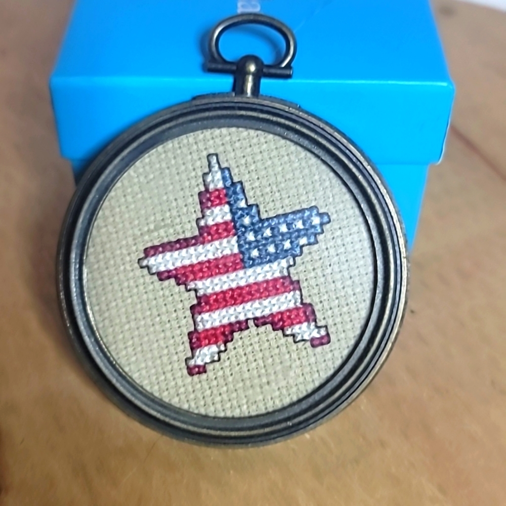 Patriotic Mini Star USA Flag cross Stich with Vintage Brass Metalic Color Frame